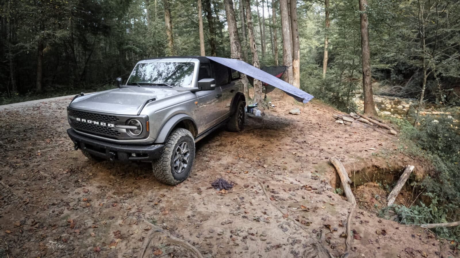A Ford Bronco car camping in Pisgah National Forest.
