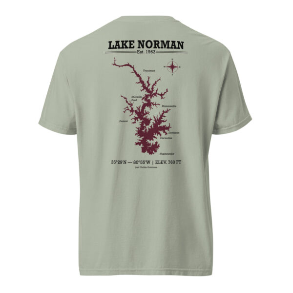 The back of a Bay colored Comfort Colors t-shirt featuring a detailed burgundy map of Lake Norman, North Carolina, printed in the center.
