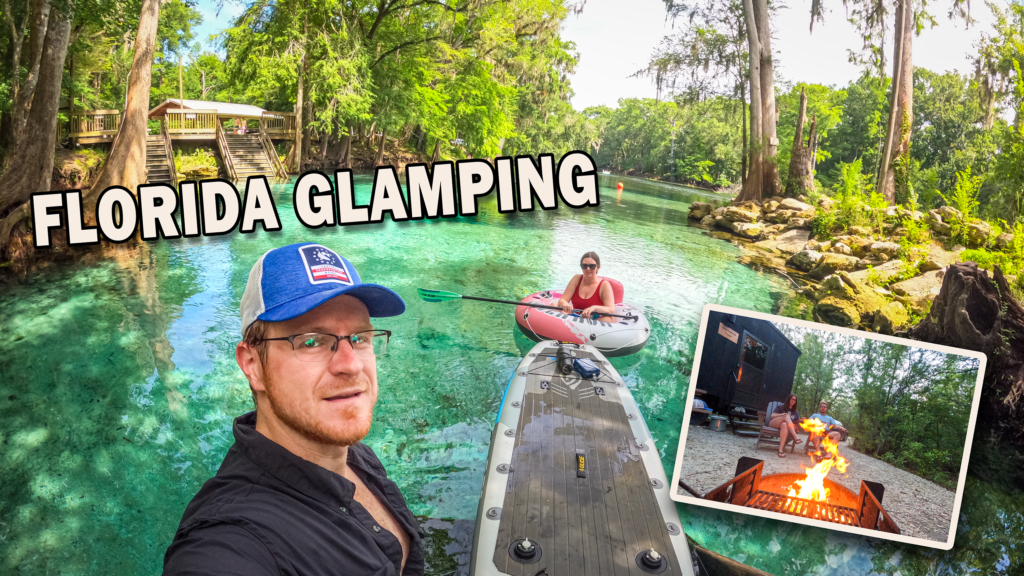 Ginnie Springs Youtube thumbnail with people in spring and postcard cabin image.